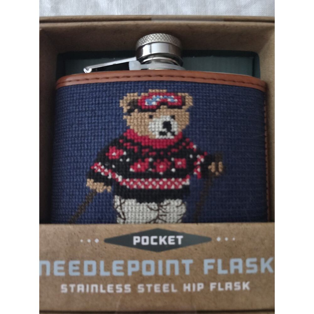 Kraftsman Co Teddy Bear Ski Needlepoint 6oz Hip Flask Stainless Steel Brand New